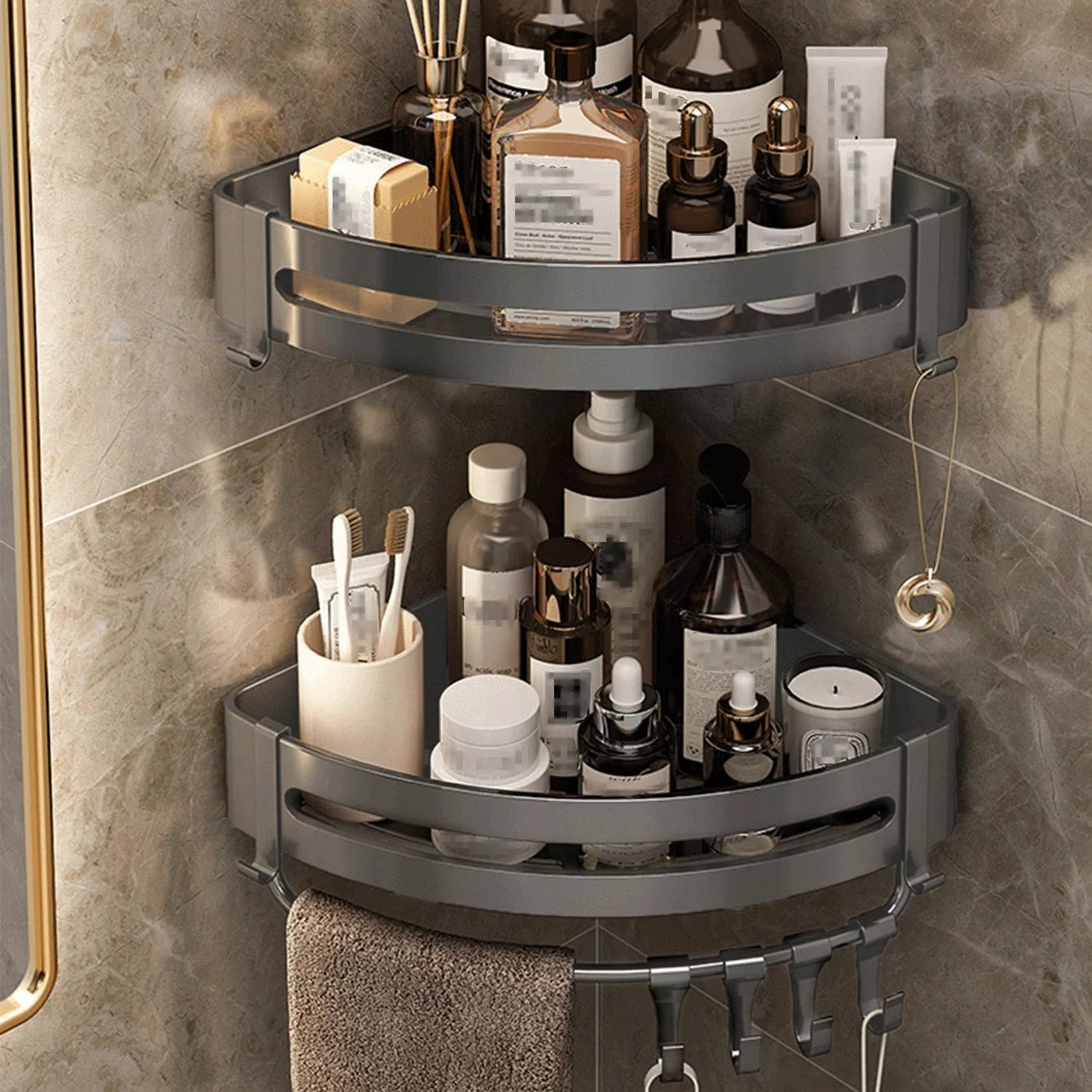 Premium Aluminium Bathroom Shelf with Hooks – Set of 2