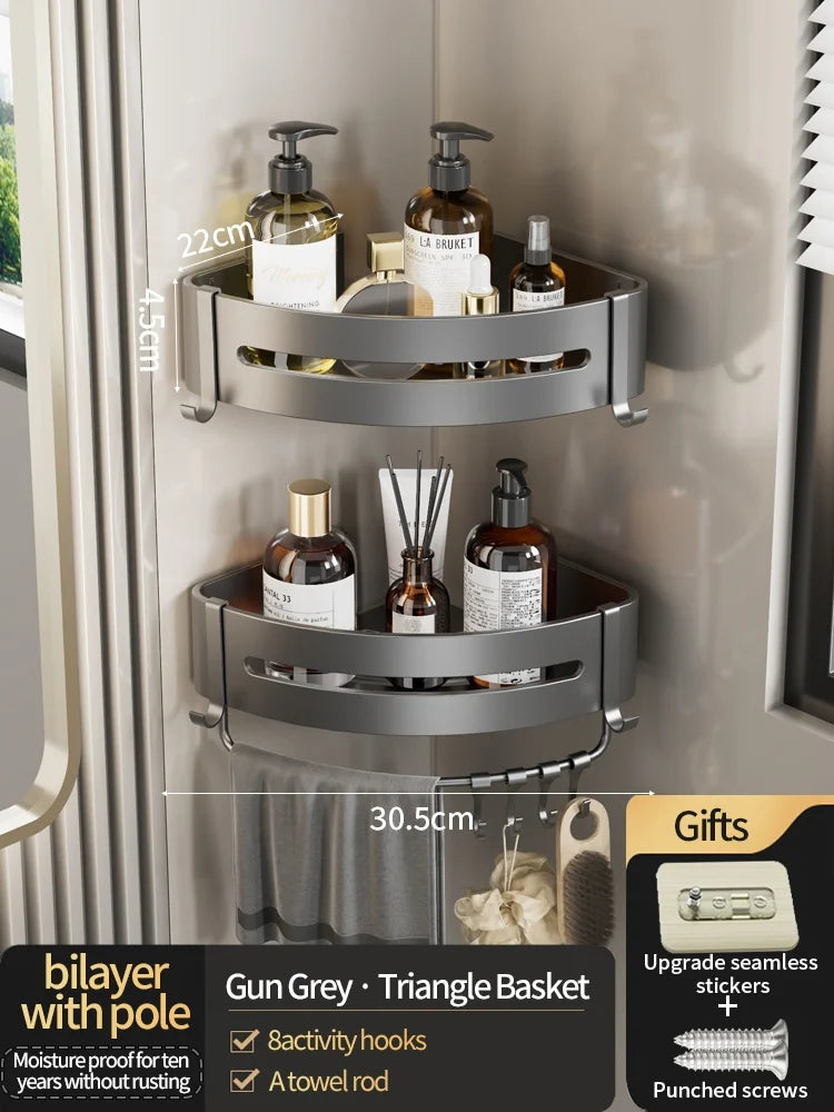 Premium Aluminium Bathroom Shelf with Hooks – Set of 2